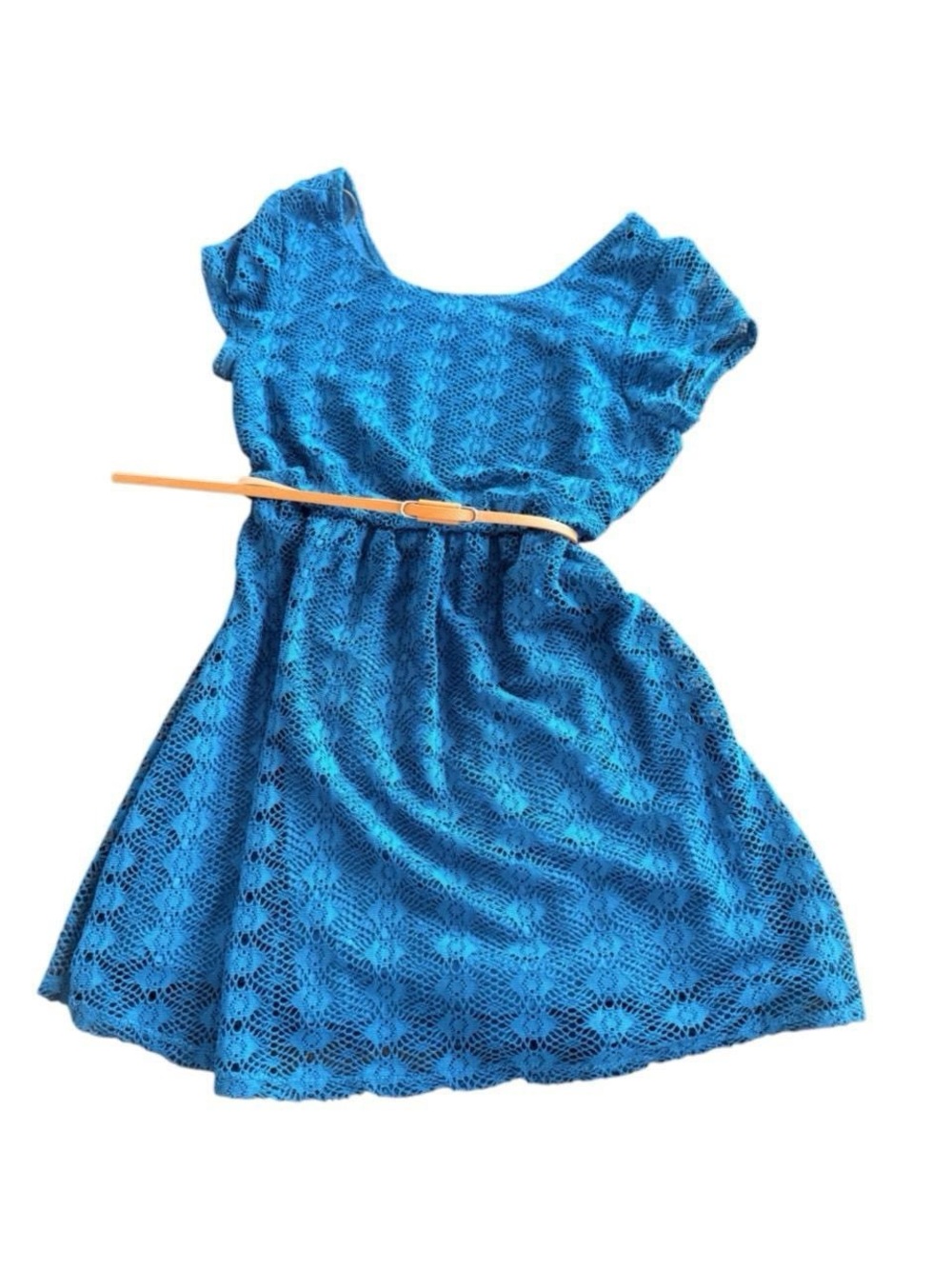 Love Reign Bright Blue Lace Dress with Tan Belt